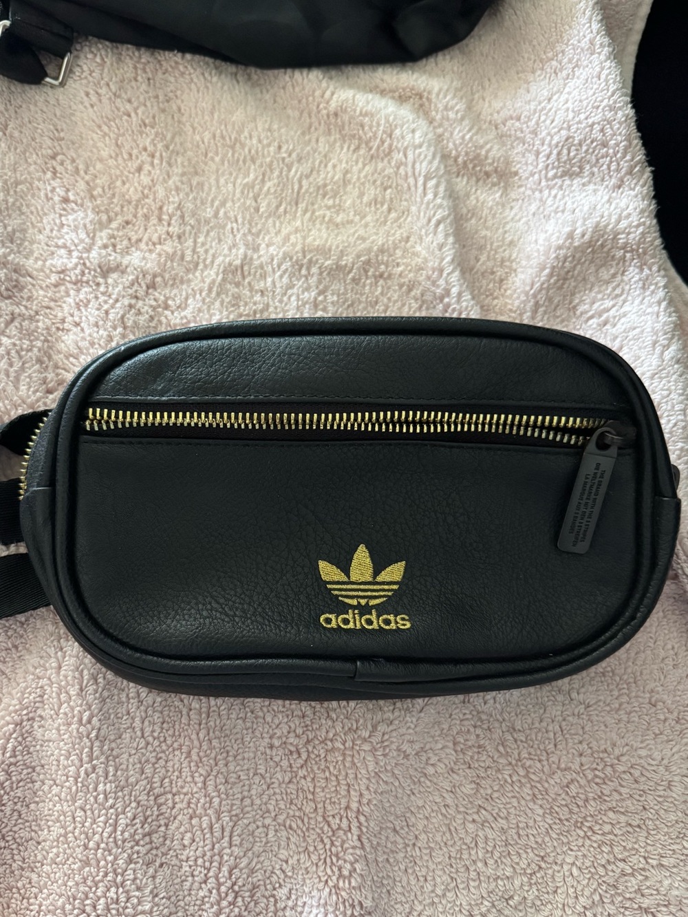 adidas Black Leather Waist Fanny pack Bag with Gold Logo